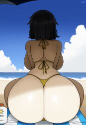 1girls artist_name ass ass_focus beach beach_towel big_ass bikini black_hair breasts bubble_butt female from_behind huge_ass matsuzaki_asako short_hair sitting solo sunscreen woomler