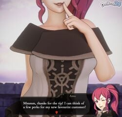 1girls anna_(fire_emblem) anna_(fire_emblem:_three_houses) balcony bare_arms bare_shoulders breast_press breasts collarbone dochaunt24 female female_only finger_to_mouth fire_emblem:_three_houses grin hand_up large_breasts long_hair outdoors ponytail red_hair shoulders side_ponytail solo standing