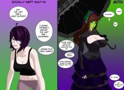 1girls before_and_after big_breasts black_tank_top breast_expansion breasts brown_hair cleavage cleavage_cutout dress english_text female glasses goth goth_girl green_face long_hair mask original_character pale_skin pants parasol purple_eyes purple_hair ribbon ribbon_in_hair she_mask short_hair squirtlelover6 tank_top text the_mask transformation yellow_eyes