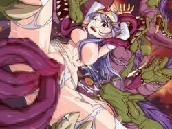 blue_hair caryo censored clothing dragon_quest dragon_quest_iii glasses large_breasts monster mosaic_censoring panties red_eyes sage_(dq3) square_enix stockings tentacle torn_clothes vaginal_penetration wince wink