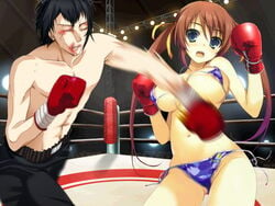 1boy 1girls arena bikini black_hair blur blurry blush boxing boxing_gloves boxing_ring boxing_shorts breasts brown_hair cleavage female gloves large_breasts light-skinned_female light-skinned_male light_skin long_hair male mixed_boxing photoshop punch red_boxing_gloves red_gloves shorts surprised swimsuit