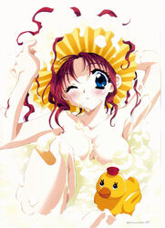 bandaid bath bathing blue_eyes blush breasts cum cum_bath cum_pool female foam highres kadoi_aya nude one_eye_closed original red_hair rubber_duck scan sexually_suggestive shower_cap soap solo wink