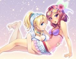 2girls arm_support ayase_eli barefoot bikini blonde_hair blue_eyes blush breast_press brown_hair cute earrings feet female female_only flower glasses heart human idol jewelry looking_at_viewer love_live! love_live!_school_idol_project lying multiple_females necklace nishikino_maki on_stomach see-through sheer smile sweat swimsuit young yuri