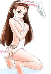 1girls anal animal_ears asaki_yuki back bare_shoulders barefoot breasts brown_eyes brown_hair bunny_ears bunny_tail bunnysuit butt_plug_tail buttplug buttplug_tail erect_nipples feet female halter halterneck idolmaster kneeling long_hair minase_iori nipples sideboob simple_background soles solo tail