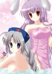 2girls alcohol animal_ears back bare_back bare_shoulders bath blue_eyes blush braid breasts bunny_ears cup eirin_yagokoro female grey_hair hat heart holding impossible_towel kamiya_chiaki large_breasts long_hair looking_at_viewer looking_back mound_of_venus multiple_girls naked_towel nipples nude nurse_cap purple_hair red_eyes reisen_udongein_inaba sake sideboob smile surprised topless touhou towel water wet