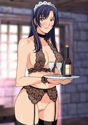 alcohol bb black_hair blue_hair blush bottomless bra breasts choker cleavage copyright_request cup female garter_belt glass innie_pussy legwear lingerie long_hair maid maid_headdress pussy rudoni see-through smile solo stockings thighhighs tray uncensored underwear underwear_only wine wine_glass yellow_eyes