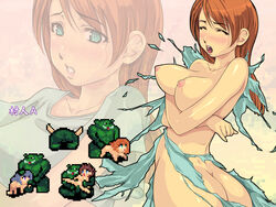 ass athena_(series) blush brown_hair closed_eyes fellatio green_eyes group_sex long_hair monster multiple_girls oral orc penis pixel_art rape source_request torn_clothes vaginal_penetration yoko_jyusuke