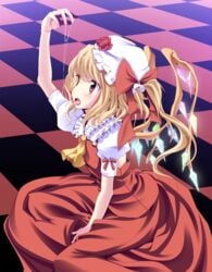 arm_up ascot between_legs blonde_hair bow checkered checkered_floor cum cum_string female flandre_scarlet flower hand_between_legs hat hat_bow hat_flower highres ina_(artist) ina_(inadahime) kneeling oouso_(usotsukiya) open_mouth perspective red_eyes ribbon saliva saliva_trail short_hair side_ponytail sitting skirt skirt_set solo tongue tongue_out touhou usotsukiya wings