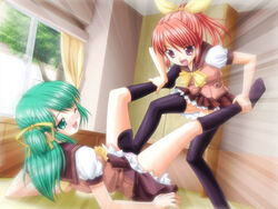 2girls blush catfight crotch_kick crotch_rub crotch_stomp cunt_punt cuntbusting denki_anma female female_footjob female_only footwear fu-ta-ba game_cg green_eyes green_hair groin_kick groin_stomp haruno_futaba haruno_kazuha long_hair multiple_girls open_mouth pain panties red_eyes red_hair school_uniform schoolgirl serafuku sexfight skirt smile socks spread_legs thigh-highs thighhighs underwear wink wrestling yuri