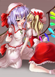 2girls bat_wings blonde_hair couple female fingering flandre_scarlet hat incest kemoyuri lilyl0ve multiple_girls mutual_yuri ponytail red_eyes remilia_scarlet saliva saliva_trail short_hair siblings side_ponytail silver_hair sisters tied_hair touhou wings yuri