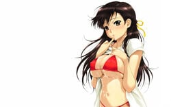 bb breasts brown_eyes brown_hair cum dress dripping happoubi_jin highres large_breasts long_hair midriff open_clothes open_shirt ribbon simple_background sundress swimsuit wet