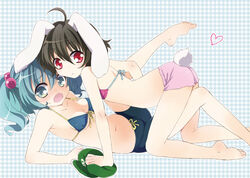 2girls ahoge animal_ears barefoot bikini bikini_top black_hair blue_eyes blue_hair blush breasts bunny_ears bunny_tail cowgirl_position embarrassed feet female flat_chest front-tie_top frottage hair_bobbles hair_ornament hat heart kona kona_(canaria) looking_at_viewer midriff multiple_girls navel nitori_kawashiro open_mouth red_eyes short_hair shorts shy small_breasts soles spread_legs swimsuit tail tewi_inaba tied_hair toes touhou twintails yuri