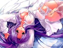 female garter_belt lingerie long_hair lying miwa_yoshikazu no_bra open_clothes open_shirt panties ponytail purple_hair saginomiya_saya see-through shirt tied_hair underwear wallpaper