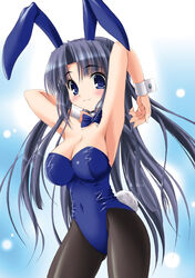 :3 asakura_ryouko blue_eyes blue_hair blush bow breasts bunny_ears bunnysuit cuffs female hair human long_hair noritama_(gozen) pantyhose solo suzumiya_haruhi_no_yuuutsu usagimimi