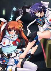 blue_hair blush bondage brown_hair chains chin_rest collar cyclone feet female female_footjob fingerless_gloves footjob gloves green_eyes hair_ribbon headband knee_pads leash leash_pull long_hair lyrical_nanoha mahou_shoujo_lyrical_nanoha mahou_shoujo_lyrical_nanoha_strikers mind_control multiple_girls purple_eyes pussy_juice revolver_knuckle ribbon role_reversal shorts slave subaru_nakajima takamachi_nanoha thighhighs tied_hair twintails yuri zettai_ryouiki