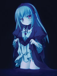 atsushima_you blue color dark dress dress_lift female female_only long_hair low-key_lighting no_panties partially_submerged pussy pussy_juice rozen_maiden skirt skirt_lift solo suigintou water