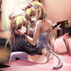 2girls after_kiss alice_margatroid animal_ears ass ass_grab back bare_shoulders bed blonde_hair blue_eyes blush book breasts brown_eyes bump camisole cat_ears cat_tail chains collar corset eye_contact female garter_straps hairband hand_on_another's_face head_bump injury lingerie marisa_kirisame multiple_girls namatarou pillow red_string saliva saliva_trail sideboob sitting slave smile strap_slip tail thigh-highs thighhighs touhou underwear yukkuri_shiteitte_ne yuri