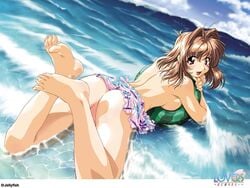 back ball barefoot beach beach_ball blush bottomless breasts brown_hair feet kawai_rie lovers_(game) red_eyes sarong sideboob swimsuit taki_minashika topless wallpaper water