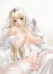 aqua_eyes blonde_hair blush breasts bride corset cum g.j? game_cg gloves green_eyes highres juice julietto large_breasts navel nipples princess_juliette pussy queen queen_bonjourno sano_toshihide sex sweat vagina vaginal_penetration wedding_dress