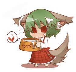 animal_ears ascot chibi cum dog_ears dog_tail empty_eyes female flower gokkun green_hair gurageida heart kemonomimi_mode milk plaid plaid_skirt plaid_vest red_eyes sexually_suggestive short_hair skirt skirt_set solo speech_bubble spoken_heart sunflower tail tongue touhou translated youkai yuka_kazami