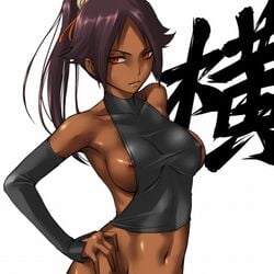 1girls armpits backless_outfit bangs bleach bottomless breasts brown_hair bust crop_top dark-skinned_female dark_skin elbow_gloves erect_nipples female female_only fingerless_gloves gloves hair_ribbon halter_top halterneck large_breasts long_hair midriff mosha naughty_face navel nipple_bulge nipple_slip nipples nipples_visible_through_clothing no_bra no_panties pantyhose parted_bangs ponytail purple_hair red_eyes ribbon shihouin_yoruichi shiny shiny_skin sideboob simple_background skin_tight slit_pupils smile solo spandex text tied_hair tights translated