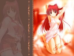 barefoot blush breasts chemise cleavage clothing feet kousaka_tamaki lingerie long_hair medium_breasts negligee panties pink_panties red_eyes red_hair school_uniform serafuku skirt soles to_heart_(series) to_heart_2 toes underwear wallpaper