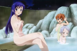 absurdres blue_eyes blue_hair brown_hair covering covering_breasts emelenzia emelenzia_beatrix_rudiger feet_in_water flat_chest highres long_hair mamoru-kun_ni_megami_no_shukufuku_wo! megami nude nude_cover onsen open_mouth scan silver_hair sitting soaking_feet takashina_yuka takasu_ayako towel water wet yoshimura_itsumi