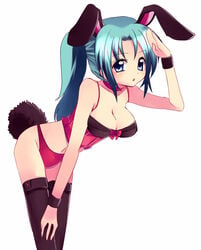 07th_expansion animal_ears bent_over black_legwear blue_eyes bra breasts bunny_ears bustier collar corset cuffs female green_hair higurashi_no_naku_koro_ni lingerie long_hair mion_sonozaki panties ponytail red_panties thigh_highs thighhighs tied_hair underwear usagimimi