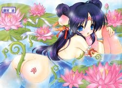 ass blue_eyes blue_hair blush breasts flower food fruit highres lily_(flower) lily_pad looking_back lotus nipples nude peach_(fruit) pussy ramiya_ryou sideboob uncensored water