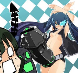 black_hair black_rock_shooter black_rock_shooter_(character) blue_eyes breasts cannon censored dead_master dildo futanari glowing glowing_eyes hair hibimegane imminent_rape intersex long_hair multiple_girls navel nipples sexually_suggestive strap-on tied_hair topless twintails very_long_hair