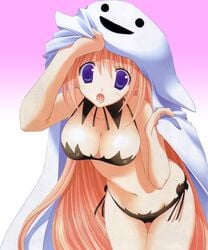 1girls bat black_bra black_panties blue_eyes blush bra breasts cleavage female ghost goshuushou-sama_ninomiya-kun halloween highres large_breasts lingerie long_hair midriff navel open_mouth panties pink_hair side-tie_panties solo succubus tsukimura_mayu underwear very_long_hair