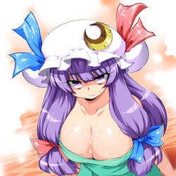 angry blush breasts cleavage cum cum_on_body cum_on_breasts cum_on_upper_body female hat highres huge_breasts long_hair md5_mismatch patchouli_knowledge purple_eyes purple_hair ribbon solo tajima_yuuki touhou