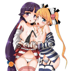 2girls bare_shoulders blush breasts cameltoe criminal_girls cum cum_on_body cum_on_breasts cum_on_upper_body eba kisaragi_(criminal_girls) lowleg multiple_girls orange_hair panties striped striped_panties thighhighs tomoe_(criminal_girls) underwear watermark