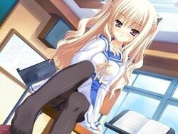 blonde_hair blush bra-ban! desk feet female footjob game_cg hibarigaoka_yuki long_hair muririn no_shoes pantyhose purple_eyes school school_uniform serafuku sitting tied_hair toes twintails uniform violet_eyes