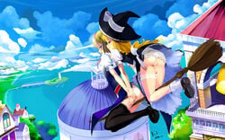 2girls alice_margatroid ass black_legwear blonde_hair blue_eyes blush broom capelet city cloud clouds cross female flying hairband hat highres insertion kouichi_t legwear long_hair marisa_kirisame multiple_girls object_insertion panties panty_pull pussy red_eyes scenery see-through short_hair stockings thighhighs touhou underwear upskirt vibrator vibrator_under_panties wallpaper water witch witch_hat yuri