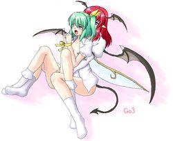 2girls bat_wings bondage bottomless daiyousei demon_tail dress_shirt fairy_wings female fingering footwear frilled_legwear frilled_socks gomi_(gomitin) gomi_(pixiv) green_eyes green_hair head_wings knee_socks kneehighs kneesocks koakuma long_hair masturbation multiple_girls open_clothes open_shirt red_eyes red_hair shirt short_hair socks tail tears the_embodiment_of_scarlet_devil touhou white_socks wings wink yuri