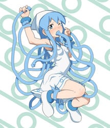 armpits artist_request blue_eyes blue_hair blush bracelet dress fellatio female flat_chest forced_oral hat ikamusume jewelry kyoudyu long_hair masturbation oral penis pussy_juice rape restrained self_fondle self_rape shinryaku!_ikamusume solo squid tears tentacle tentacle_hair tentacles_under_clothes wince