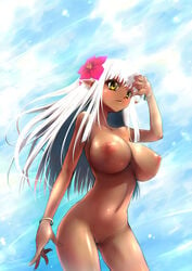 bracelet breasts curvy dark-skinned_female dark_skin female flower hair_flower hair_ornament jewelry large_breasts navel nipples nude original pointy_ears pussy solo tousen uncensored white_hair yellow_eyes