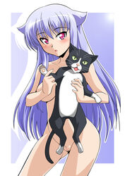 beige_skin black_fur breasts cat feline female feral front_view fur furry_ears hair highres human innie_pussy interspecies kiriya_nozomi long_hair mammal mayoi_neko_overrun! nude pink_eyes pointy_ears purple_hair pussy ryumage size_difference tagme uncensored white_fur