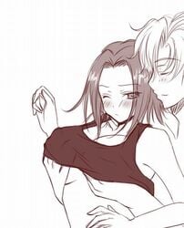 1boy blush breast_squeeze breasts closed_eyes code_geass couple female gino_weinberg hand_under_clothes hands_under_clothes hands_under_clothing kallen_stadtfeld long_hair lowres male mizusawa_calm mizusawa_nagi monochrome one_eye_closed tank_top wink