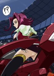 ! 1girls ? akiza_izinski ass bottomless bra breasts brown_eyes cleavage clothes female female_only human izayoi_aki large_breasts looking_back nipple_slip nipples no_panties pussy red_hair sideboob straw_(artist) straw_(yokubou_hiroba) surprised sweat thighhighs uncensored upskirt yu-gi-oh! yu-gi-oh!_5d's