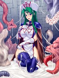 bb blue_eyes blush breasts clothing cum cum_in_hair cum_on_clothes cum_on_hair cum_pool duplicate female female_only green_hair huge_tongue large_breasts long_hair monster open_mouth original priestess rindou_(radical_dream) rindou_aya suction_tentacles tentacle thighhighs