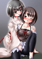 amakura_mio black_hair black_leggings blood blush brown_dress brown_hair clothing dress fatal_frame fatal_frame_2 fatal_frame_ii female fingering fingering_through_clothes japanese_clothes kimono kissing kurosawa_sae latex leggings lilyl0ve multiple_girls red_string short_hair string through_clothes tight_pants white_dress white_socks wince yuri