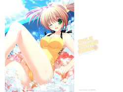 brown_hair female green_eyes halterneck highres innertube mikeou one-piece one-piece_swimsuit outdoors outside pink_chuchu ribbon ribbons short_hair sky smile_summer_again swimsuit wallpaper water