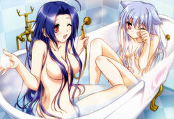 2girls absurdres ahoge animal_ears ass bath blue_hair breasts censored cleavage convenient_censoring convenient_leg female hair_over_breasts highres human kiriya_nozomi long_hair mayoi_neko_overrun! multiple_females multiple_girls nakamoto_naoko navel nude nyantype red_eyes sideboob silver_hair tsuzuki_otome very_long_hair washing wink