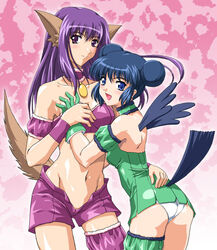 2girls animal_ears arm_garter blue_eyes blue_hair bra breasts choker collar cuffs double_bun dress female female_only garters gloves green_dress hair_bun hand_holding holding_hands inumimi kaen_miso leotard lingerie long_hair looking_back magical_girl mew_mint mew_zakuro midriff mint_aizawa multiple_girls open_shorts panties purple_bra purple_eyes purple_hair short_dress short_hair shorts standing tail tail_feathers tokyo_mew_mew tubetop underwear violet_eyes white_panties wings wolf_ears wolf_tail wristband yuri zakuro_fujiwara