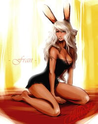 barefoot brown_eyes bunnygirl character_name dark-skinned_female dark_skin dress feet female female_only final_fantasy final_fantasy_xii fran gown kneeling lingerie long_hair soles solo source_request toes underwear usagimimi viera white_hair