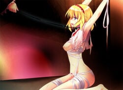 2girls alice_margatroid armpits bandage bandages blonde_hair blue_eyes blush bondage bound_wrists bow bow_panties bra breasts capelet cuts female hands injury leash lingerie marisa_kirisame multiple_girls nipples panties renee short_hair slave solo_focus submissive torn_clothes torn_panties touhou underwear underwear_only whip whip_marks yuri