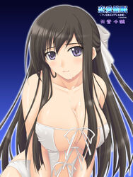 bare_shoulders bikini black_hair blush breasts character_name character_request cleavage collarbone copyright_name cum cum_on_body cum_on_breasts cum_on_upper_body facial female front-tie_top gradient gradient_background hair_ribbon highres hips huge_breasts lace_up_front large_breasts leaning_forward long_hair looking_at_viewer purple_eyes ren'ai_saimin ribbon shiny shiny_skin solo swimsuit tendou_chizuru translated white_swimsuit yoshimura_kentaro