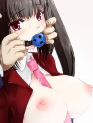 07th_expansion ball_gag belphegor_(umineko) between_breasts black_hair blue_ball_gag bondage breasts busty female gag gagged gagging hands highres large_breasts necktie necktie_between_breasts nimu_(artist) nipples open_clothes open_shirt pink_tie putting_on_gag red_eyes saliva shirt simple_background solo_focus stakes_of_purgatory tears tie umineko_no_naku_koro_ni